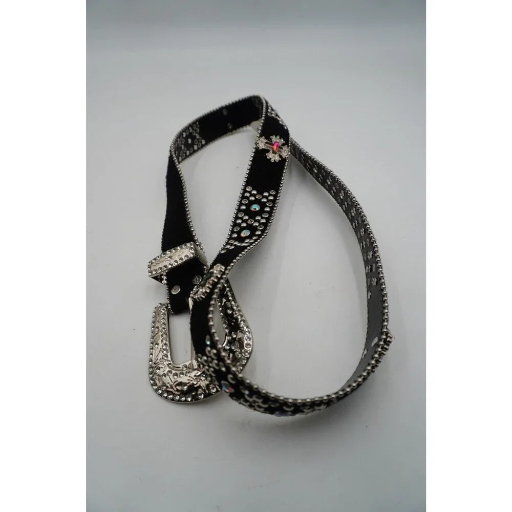 Black Pony Hair Cross Stones Studs White Stones Studded Rhinestones Belt 49